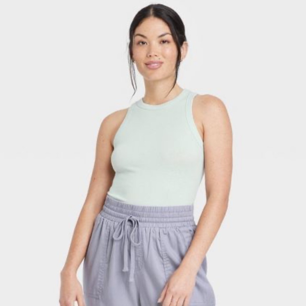 A New Day Women’s Tank Top Small Green Slim Fit Ribbed Athleisure Contemporary
